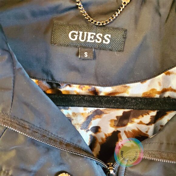 Vintage Guess Raincoat Trench Coat Womens Small Black Animal Print Lined Y2K 90s - Picture 4 of 16